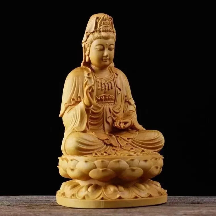 3" Natural Sichuan thuja Wood Carving Kwan-yin Statue Home Office Fengshui Decor