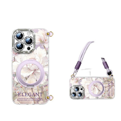 For iPhone 16 Pro/15/14/13 Flower Phone Case with Lanyard/Stand/Crossbody Strap