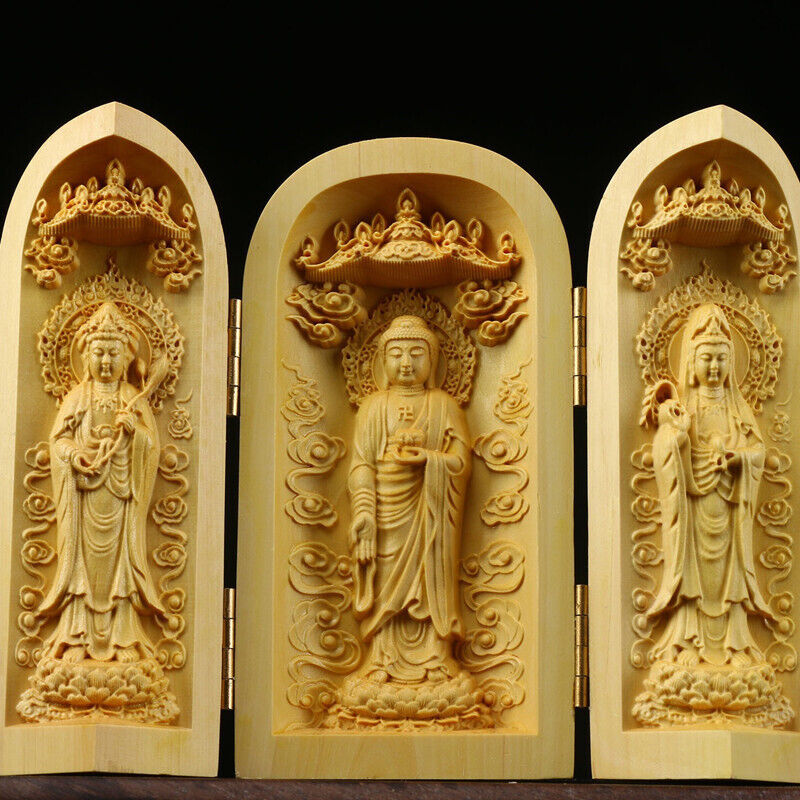 Buddha Statue Carved Wooden Sculpture Decor Three Open Box Home Ornaments NEW