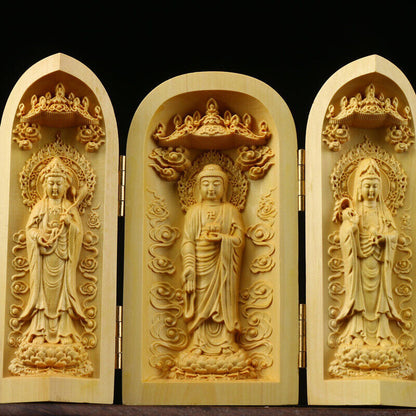 Buddha Statue Carved Wooden Sculpture Decor Three Open Box Home Ornaments NEW