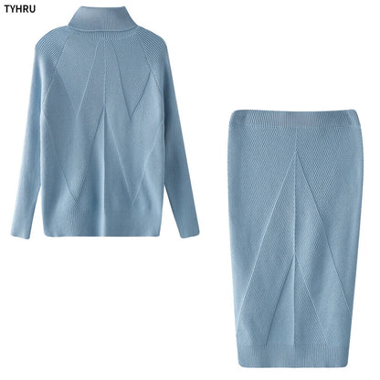 Autumn Women's Turtleneck Pullover Sweater + Slim Skirt Two-Piece Set