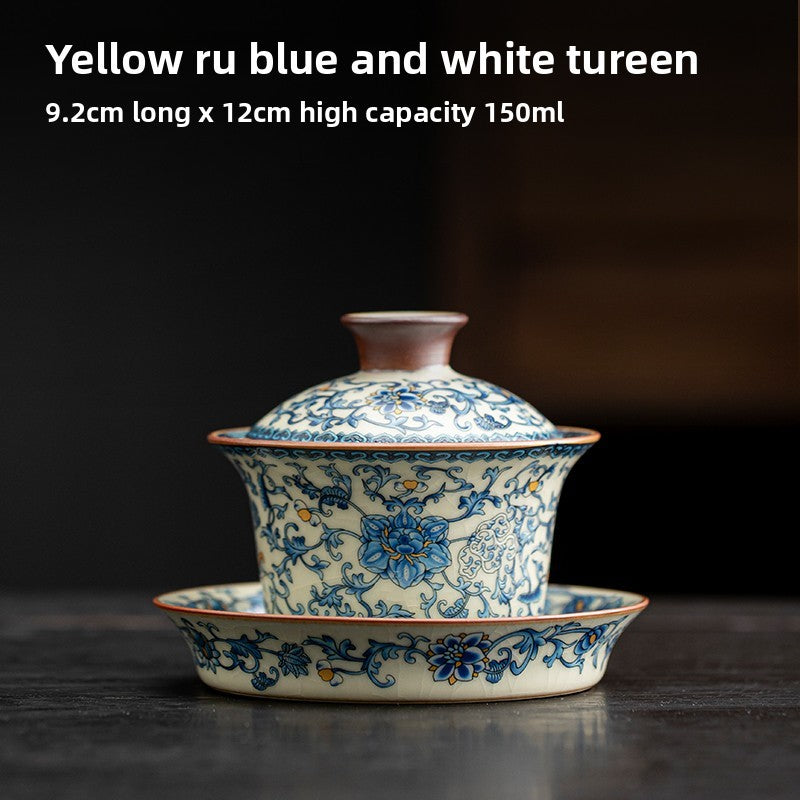 150ml Ru Kiln Blue White Porcelain Ceramics Gaiwan Teacup Retro Tea Set