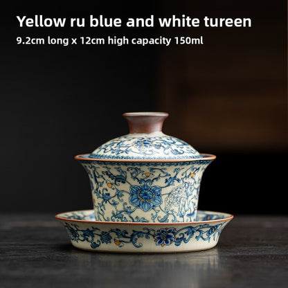 150ml Ru Kiln Blue White Porcelain Ceramics Gaiwan Teacup Retro Tea Set