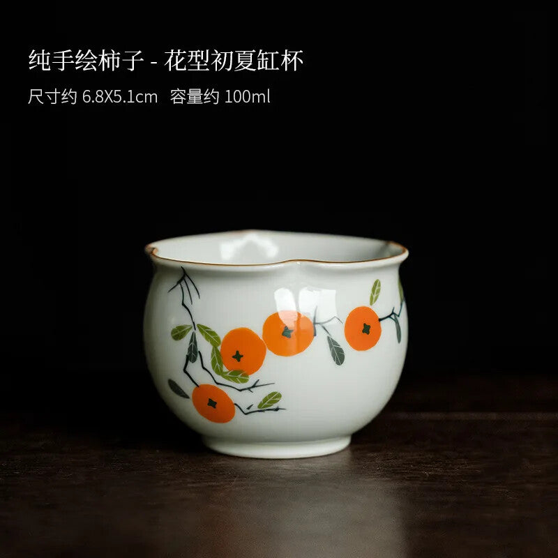 Hand Painted Persimmon Tea Cup Ceramic Teacup Flower Aesthetic Cups Tea Bowl