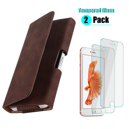 Leather Belt Loop Clip Case Cover /Tempered Glass For iPhone 6 6s 7 8 Plus