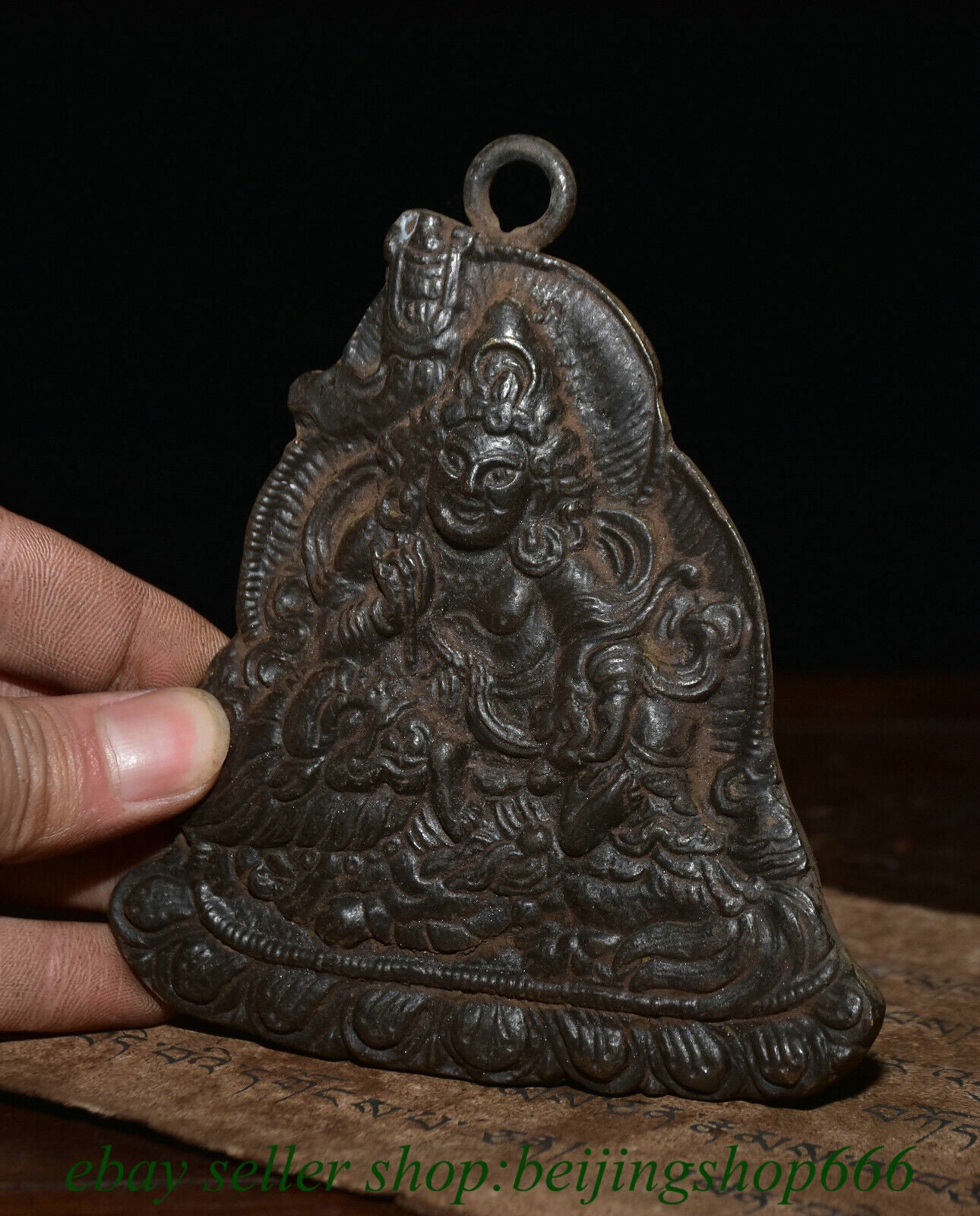 4.6" Old Tibet Bronze Temple Vaishravana On Lion Protector Deity Pendant Amulet