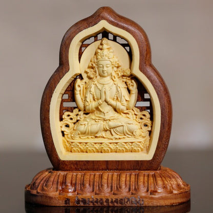 Buddhism Talisman Four Armed Guanyin Buddha Talisman Wood Carving Buddha Statue