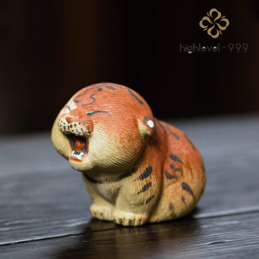8.3cm Purple Clay Handcarved Zodiac Tiger Tea Pet Statue Auspicious Ornament