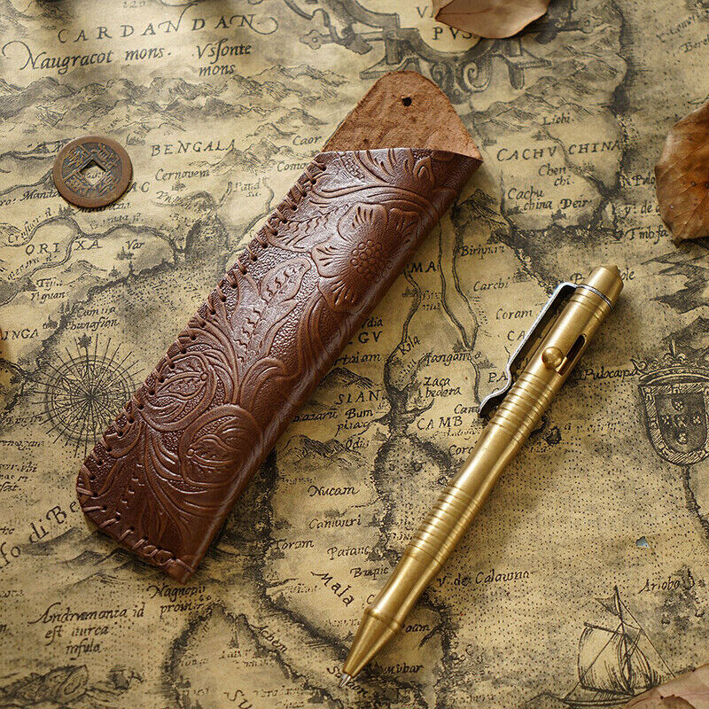Portable Real Leather Pen Protector Bag Holder Pencil Case Handmade Carved Gifts