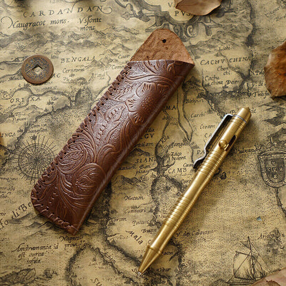 Portable Real Leather Pen Protector Bag Holder Pencil Case Handmade Carved Gifts