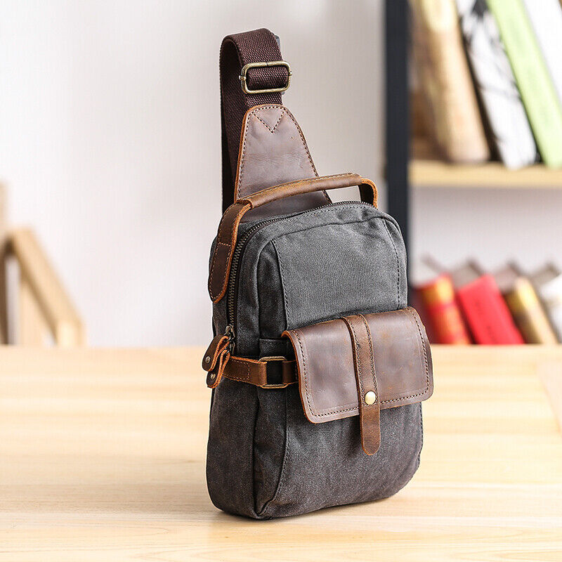 Canvas Real Leather Sling Bag One Strap Backpack Rucksack Chest Pack Vintage