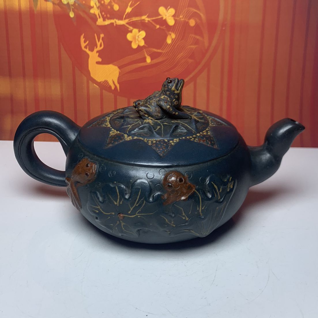 Vintage Chinese Yixing Purple Clay Teapot Zisha Ceremony Lotus Leaf Frog Teaware