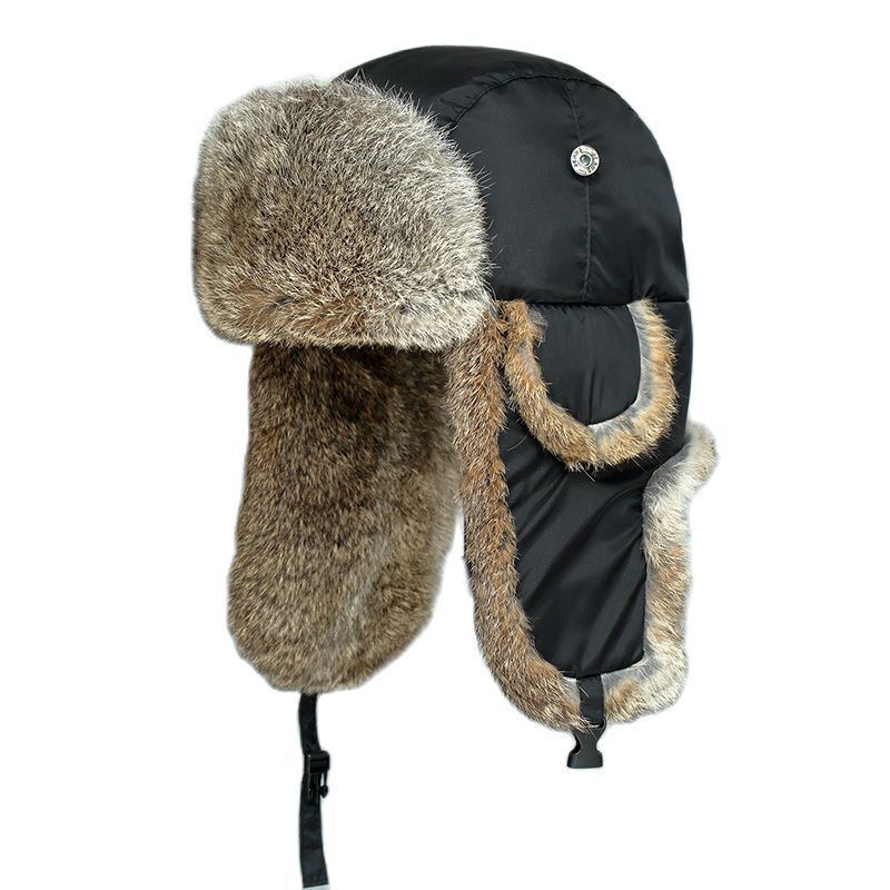 Men Bomber Hats Natural Real Rabbit Fur Outdoor Windproof Super Warm Cap 55-62cm