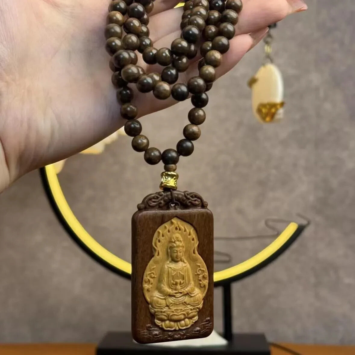 8mm*108 Natural Wood Prayer Beads Necklace Guanyin Buddha Bless Lucky Pendant