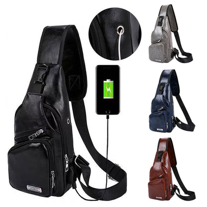 Men's Leather Chest Bag Shoulder Pack USB Charging Port Crossbody Handbag
