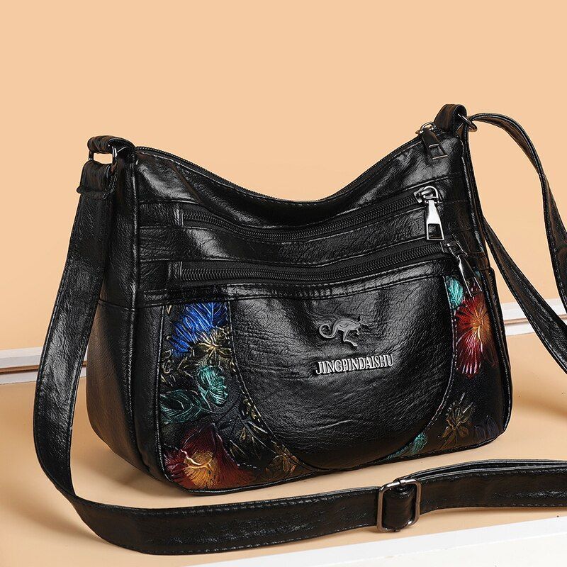 Soft Leather Messenger Shoulder Handbag Purse Flowers Multi-pocket Crossbody 1PC