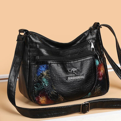 Soft Leather Messenger Shoulder Handbag Purse Flowers Multi-pocket Crossbody 1PC