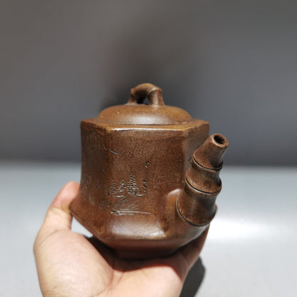 Chinese Yixing Zisha Clay Handmade Exquisite Teapot（六方刻字壶 底款：时大彬）