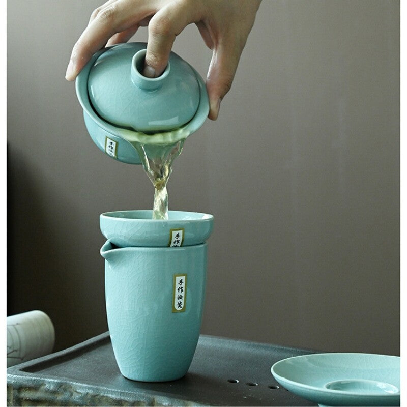 10pcs/lot Ruyao Porcelain Tea Set Crackle Glaze Gaiwan Tea Cup Filter Net Holder