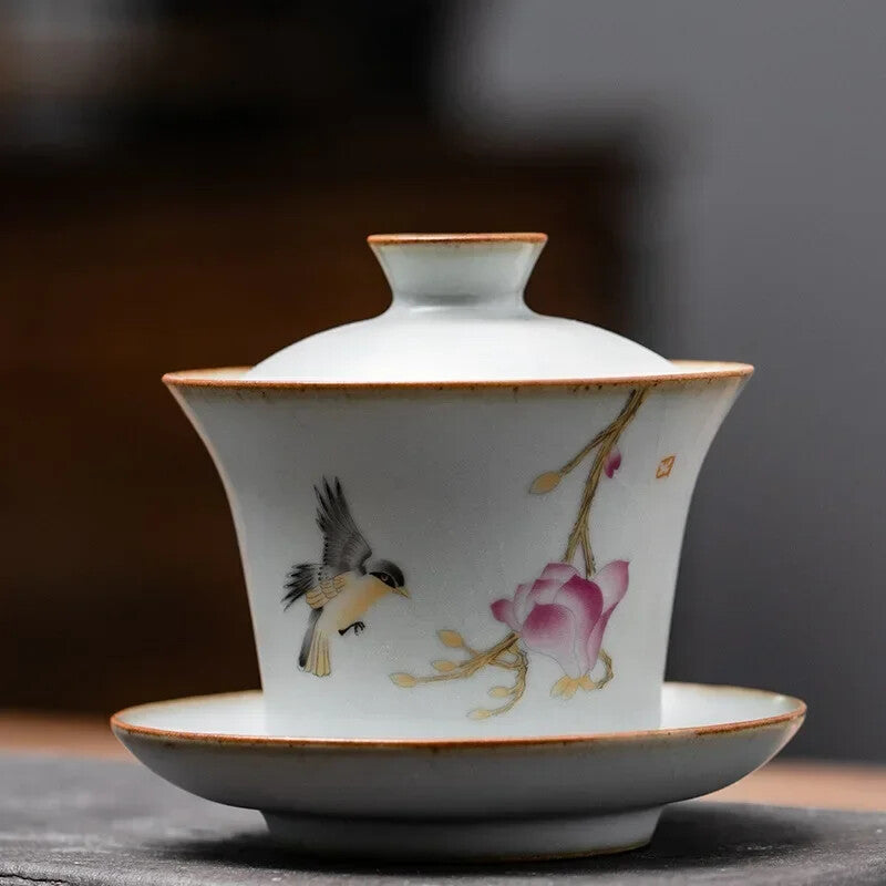 Chinese Retro Ru Kiln Tea Tureen Teacup Handmade Flower and Bird Ceramic Gaiwan