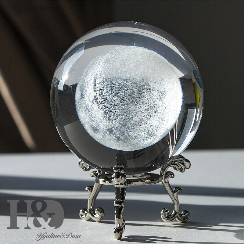 Crystal Ball Sphere Laser Engrave Miniatures Moon Healing Gift+ Metal Stand
