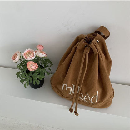 Embroidered Backpacks Canvas Drawstring School Bags Large Capacity Green/Brown