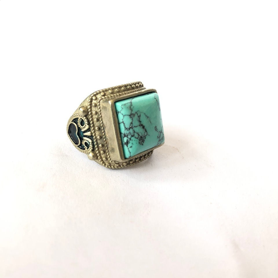 Rare China Antique Collection Old Ring Inlay Turquoise Gemstone Woman Gift