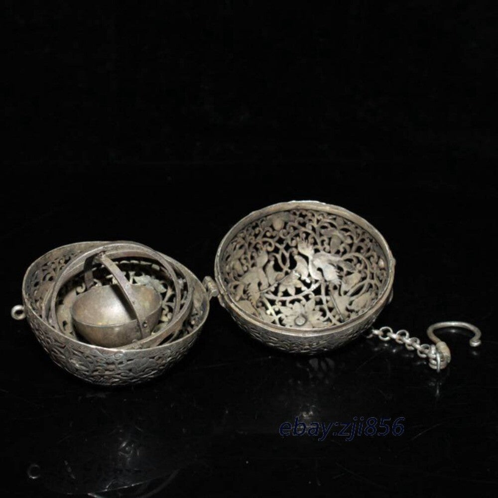 Old antique silver handmade carved Crane pattern Hang ball incense burner