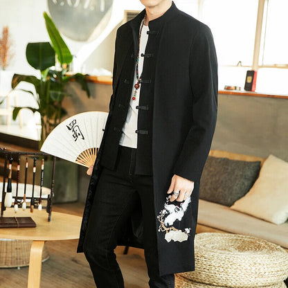 Coat Men Cardigan Coat Male Long Chinese Style Black Loose Linen Jacket