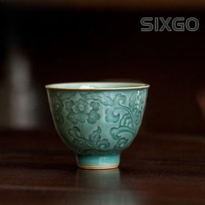 Celadon Relief Lotus Teacup Ancient Tea Bowl Jug Tea-tasting Meditation Cup