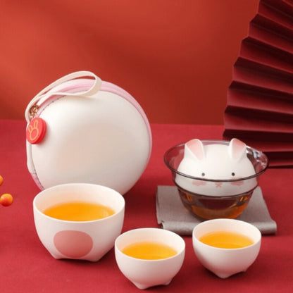 Chinese Tea Set Porcelain Tea Cup Rabbit Design Glass Pitcher Portable Bag Gift