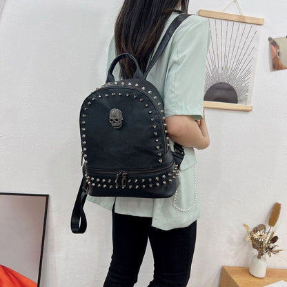 Large Backpack Skull Black Synthetic Leather Daypack Travel Bag Punk 27*13*32 CM