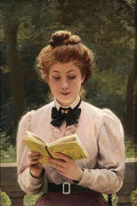 Dream-art Oil painting Louis Emile Adan young female lady reading novel in park