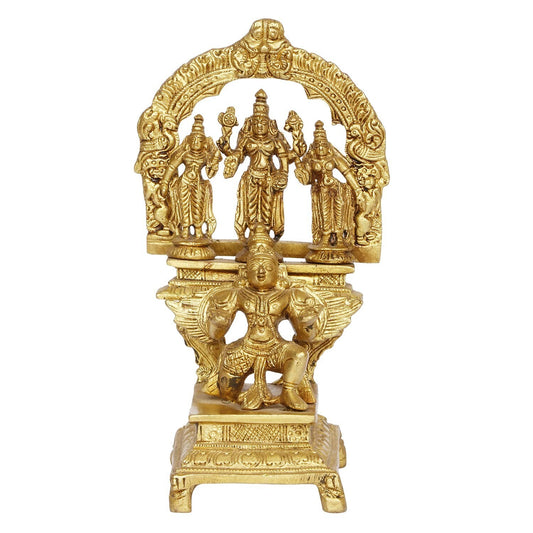 Hindu God Brass Lord Vishnu with Sridevi Bhudevi on Garuda Idol Figurine Statue