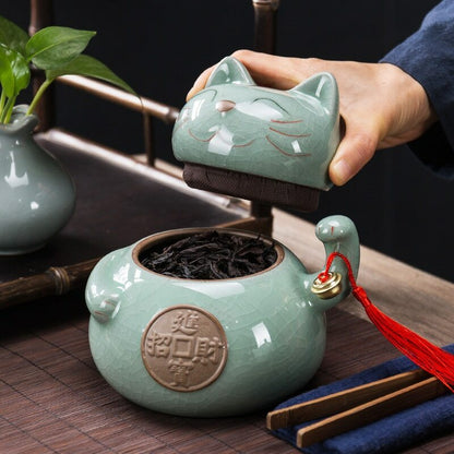 Ceramic Lucky Cat Tea Caddy Sealed Cans Food Container Candy Snacks Storage Tank
