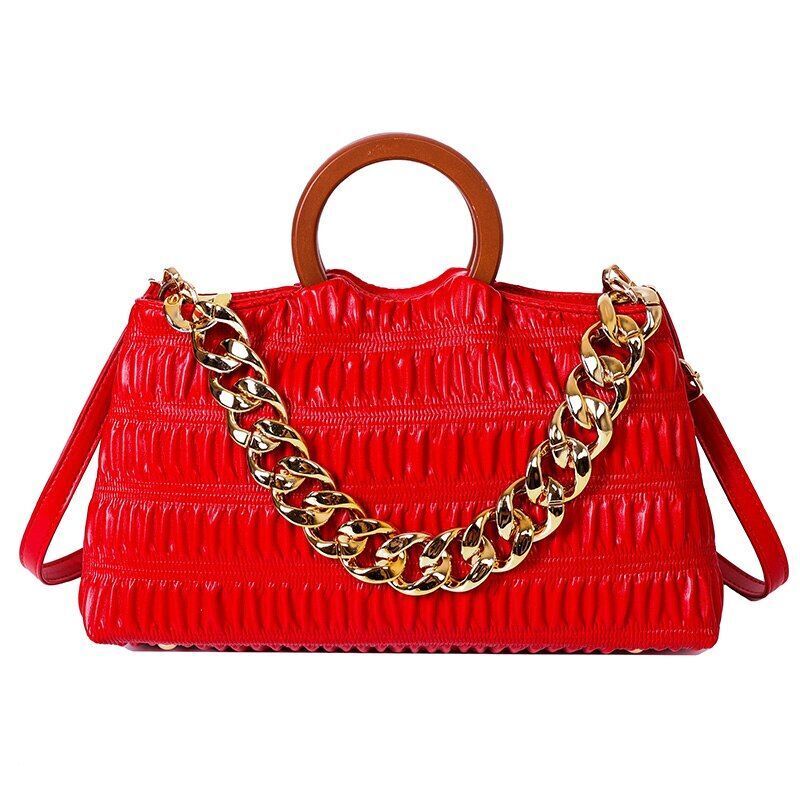 Thick Chain Shell Bag Synthetic Leather Crossbody Purse Wooden Handle 17*33*8 CM