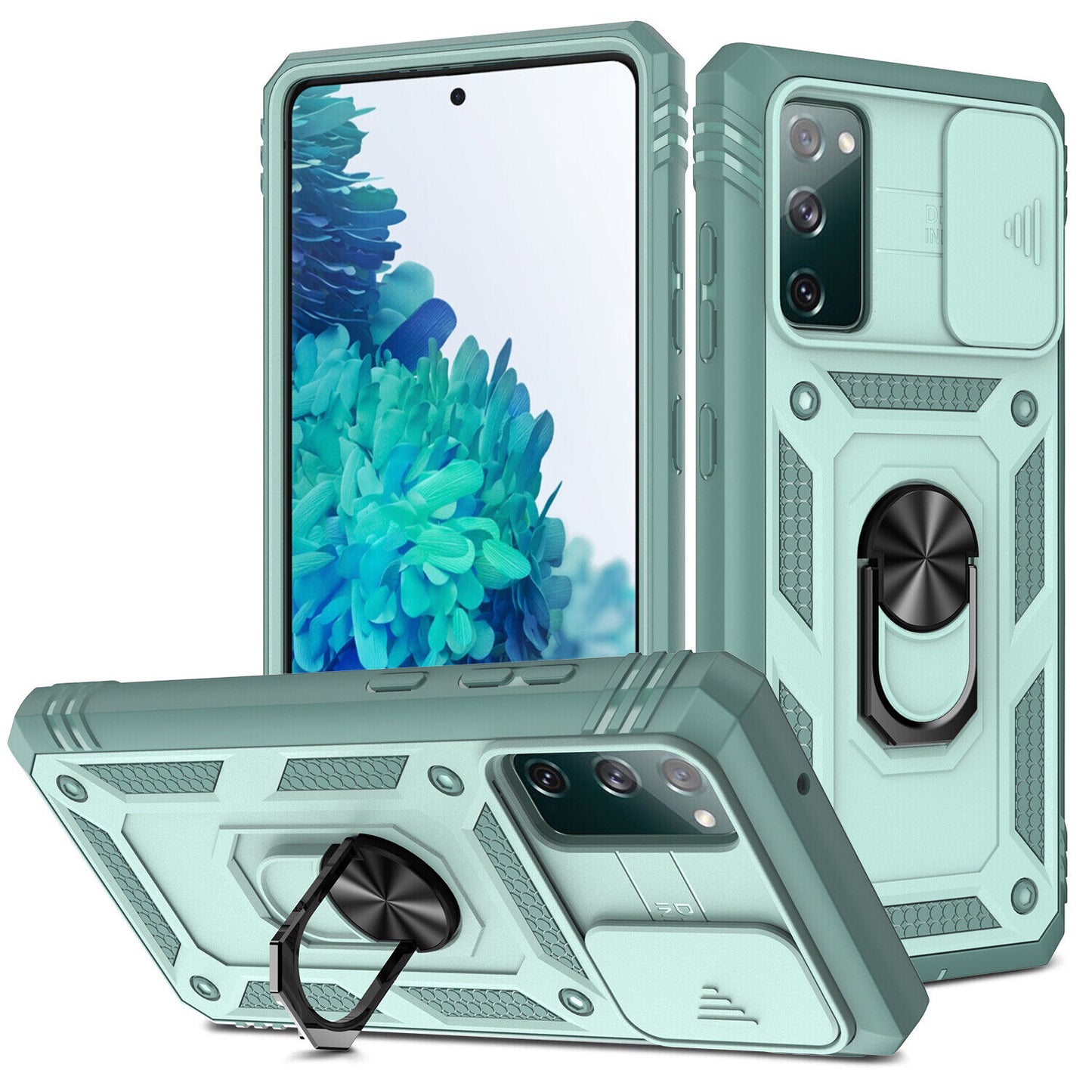 For Samsung Galaxy S20 FE 5G Stand Case + Camera Lens Slide Cover Tempered Glass