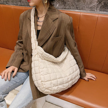 Lattice Pattern Shoulder Bag Cotton Handbag Large Capacity Purse Feather Padded