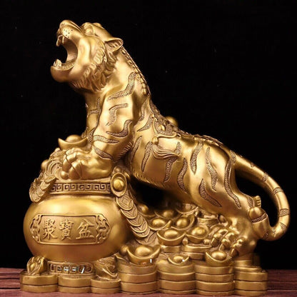 Copper Brass Handmade Feng Shui Evil Wealth Money Tiger Art Statue Ornament