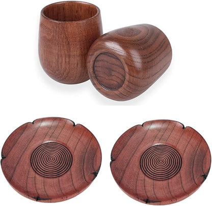 Japanese Wooden Teacups with Saucers Zen Inspired Kitchen Decoration Gift 2 Pcs