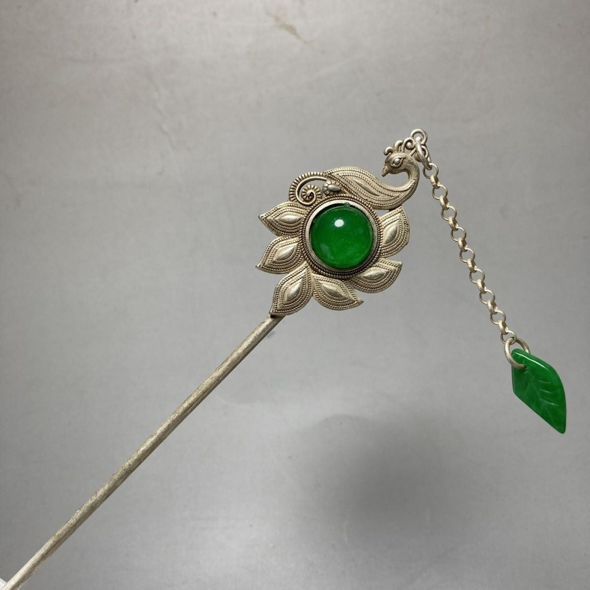 Miaosilver Peacock Hairpin Vintage Silver-Plated Green Bead Inlay Hair Stick