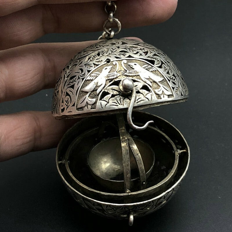 Exquisite Old Chinese tibet silver handcarved flowers bird Hang incense burner 3