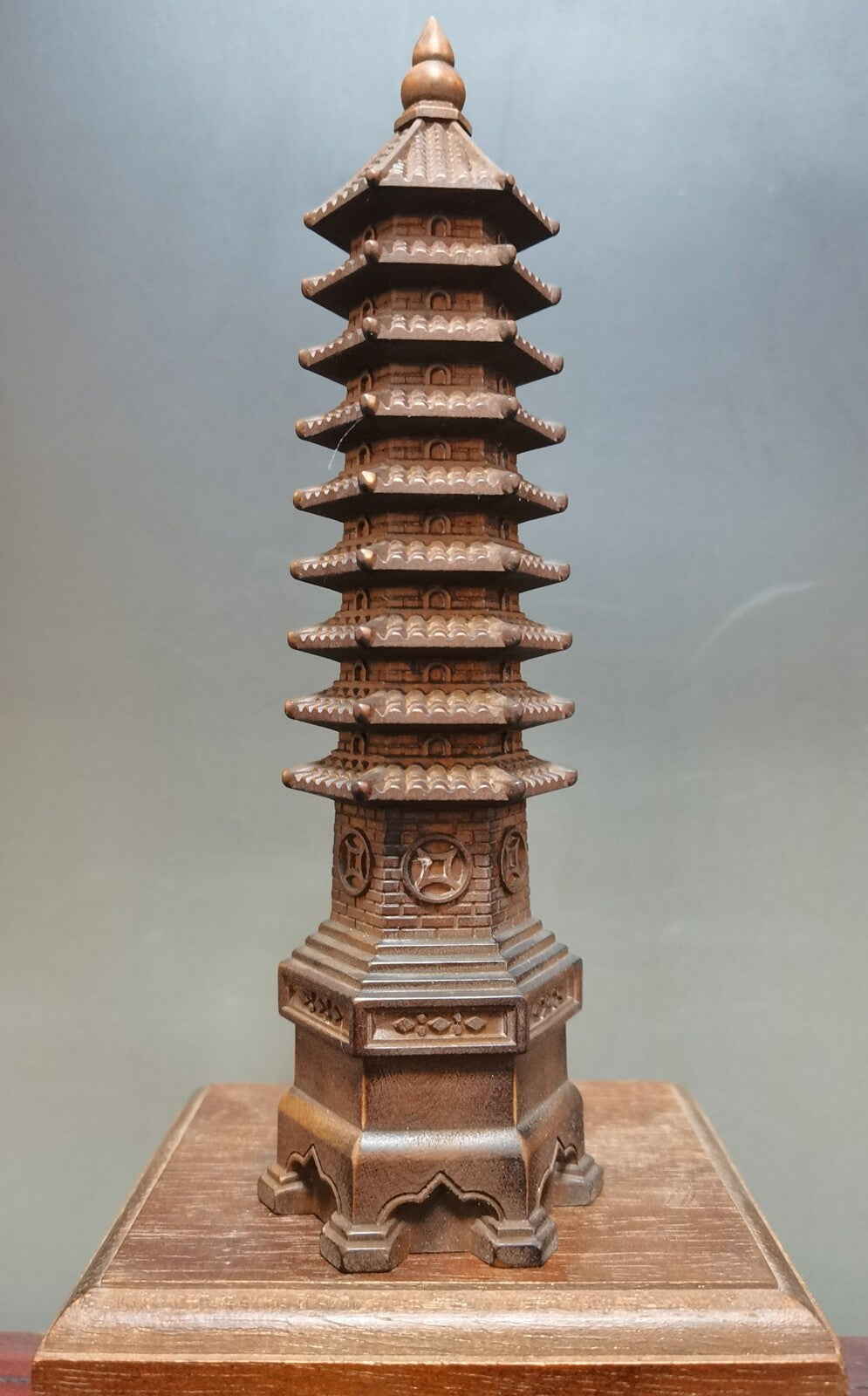 Antique Vintage Chinese Boxwood Nicely Carved Wenchang Pagoda Statue Sculpture