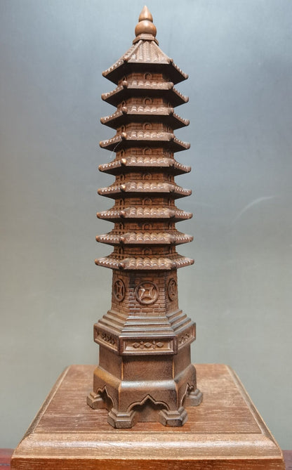 Antique Vintage Chinese Boxwood Nicely Carved Wenchang Pagoda Statue Sculpture