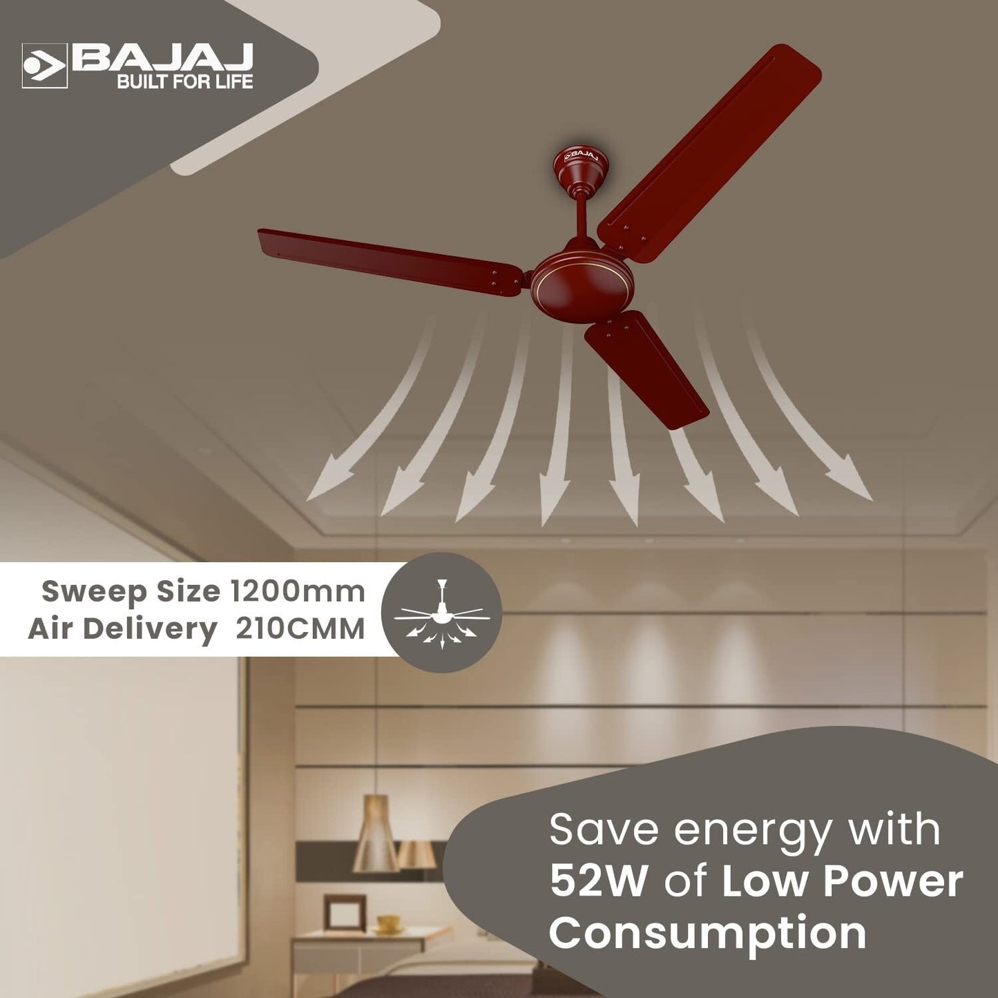 High Speed Frore 1200 mm Ceiling Fan Brown For Smart Home