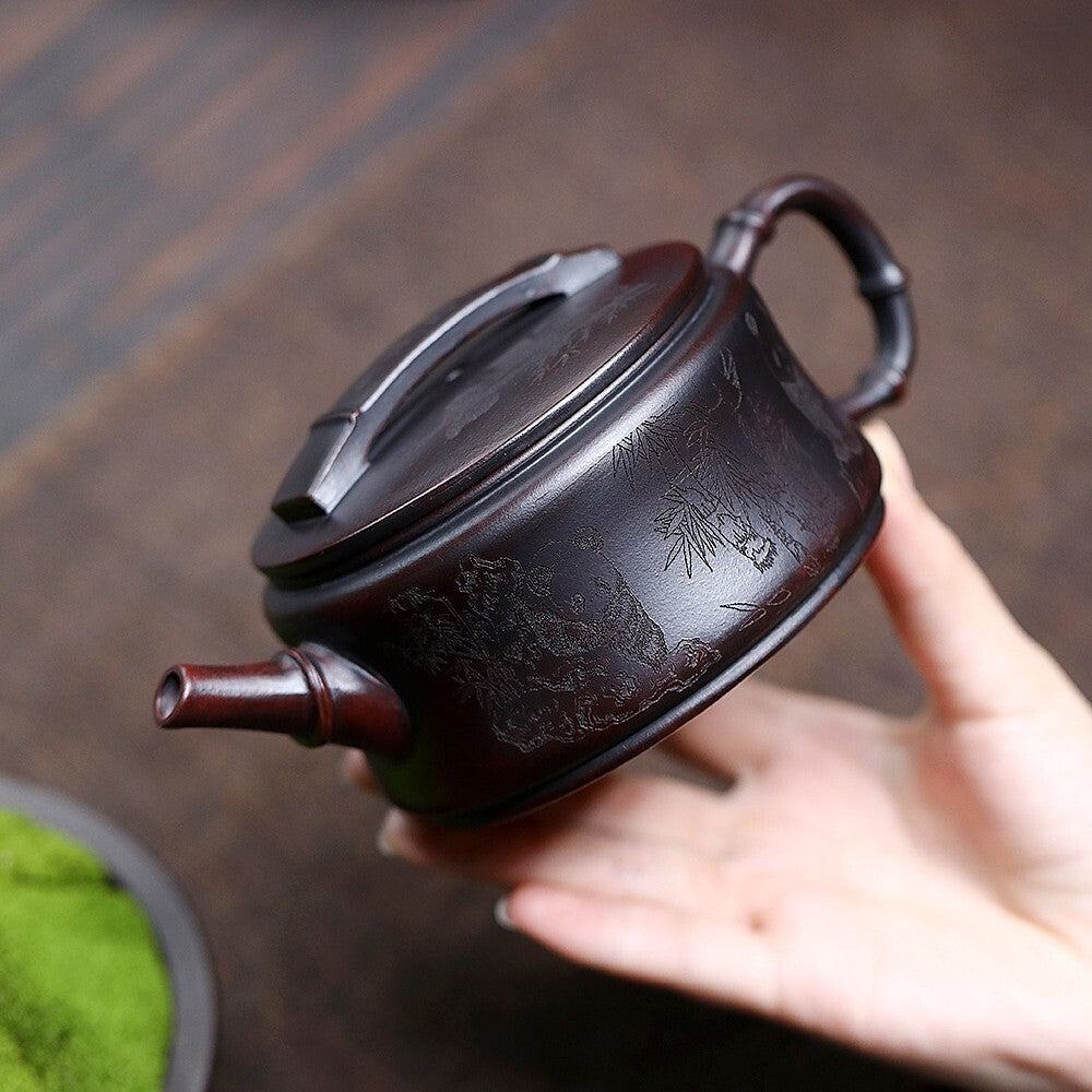 Handmade Tea Pot Panda Carved Real Yixing Zisha Clay Pot Ball Shaped Infuser New