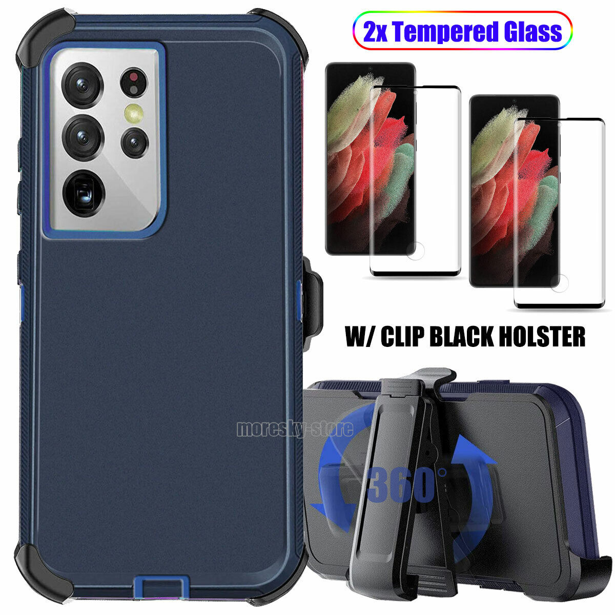For Samsung Galaxy S21 Plus/Ultra 5G Hard Belt Clip Case Cover Tempered Glass