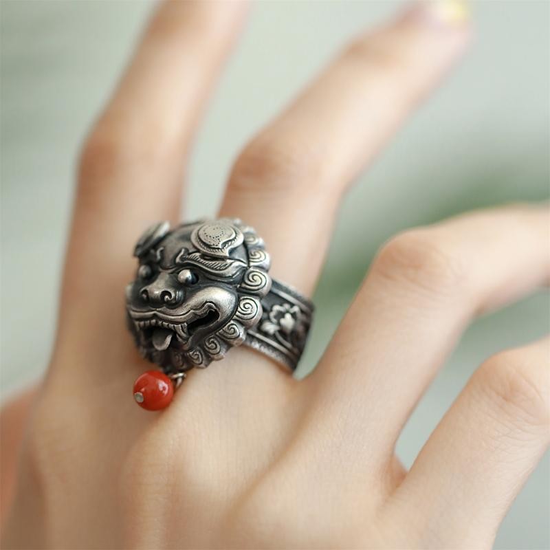 Gold-Swallowing Beast Ring Size Adjustable Lotus Red Bead Ethnic Jewelry