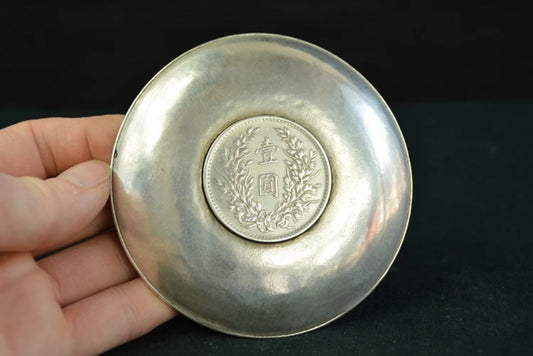 Chinese Tibet Silver Dragon and Phoenix Statue Yuan Big Head Silver Dollar Plate