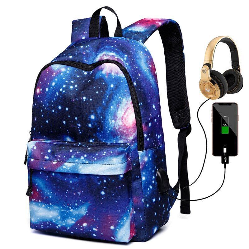 Colorful Space Print Backpack Rechargeable School Bag Traveling Polyester Canvas